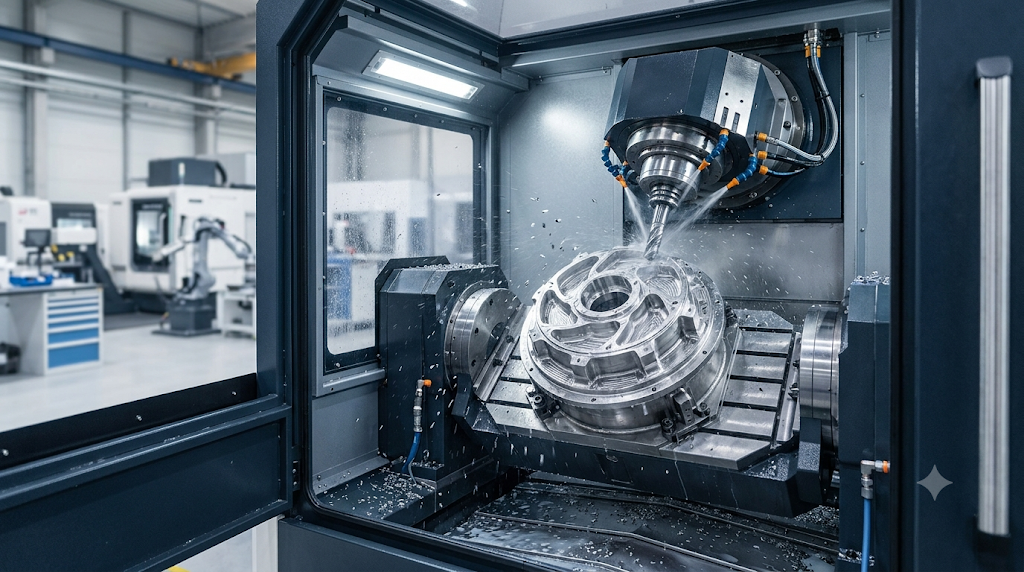Industrial high-precision 5-axis CNC machining center cutting stainless steel component with coolant mist spray