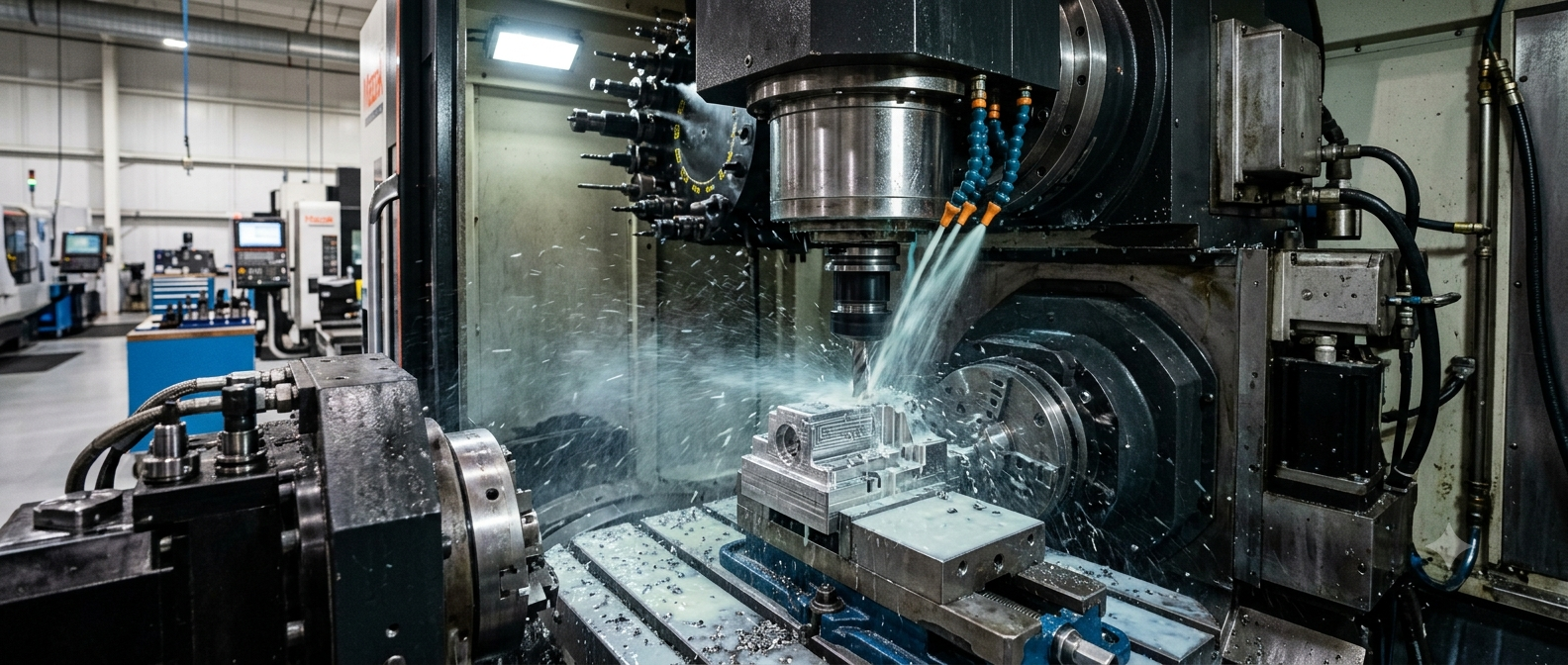 Industrial high-precision CNC machining center cutting stainless steel component with coolant mist spray