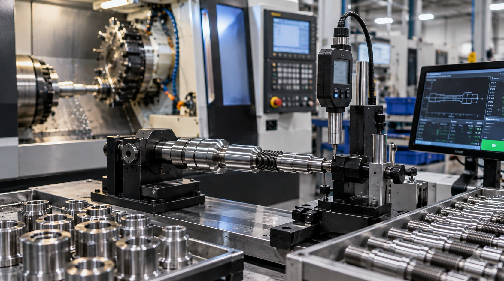 Skilled CNC precision machinist inspecting micro-tolerances with digital calipers at modern CNC lathe