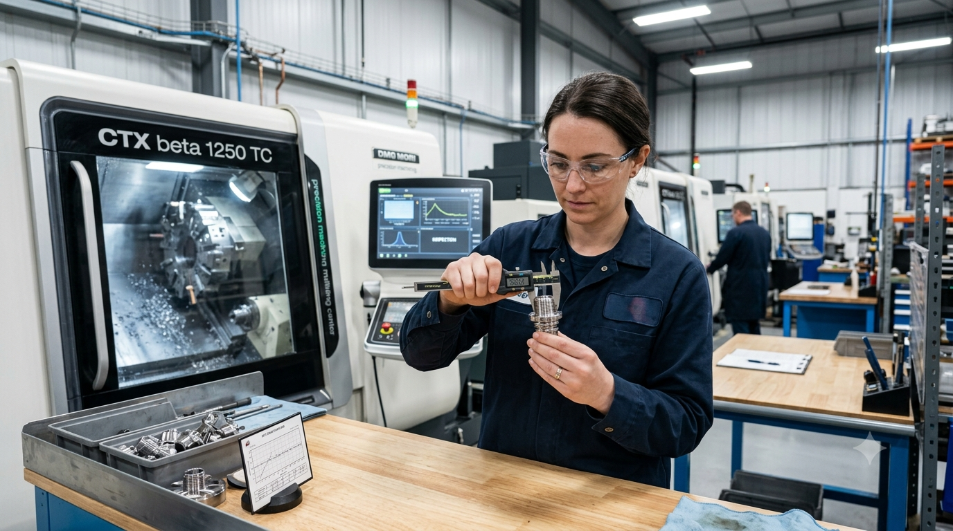 Skilled CNC precision machinist inspecting micro-tolerances with digital calipers at modern CNC lathe
