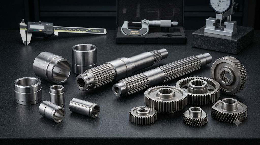Macro photography of precision machined components, splined shafts, brass bushings, and gears on inspection report